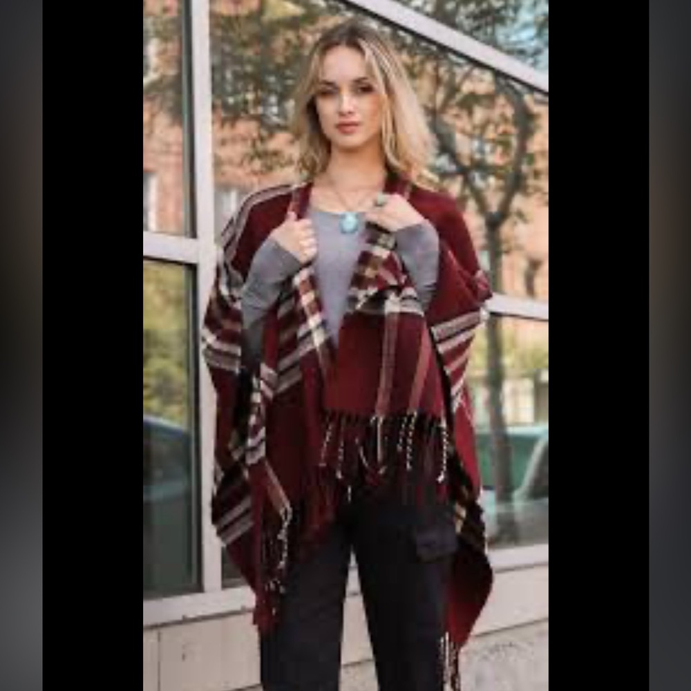 Burgundy plaid poncho